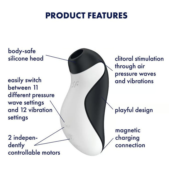 The Satisfyer Orca  with a text list of features surrounding the toy. Text reads: Body-safe silicone head, easily switch between 11 different pressure wave settings and 12 vibration settings, 2 independently controllable motors, clitoral stimulation through air pressure waves and vibrations, playful desire, magnetic charging connection. | Kinkly Shop