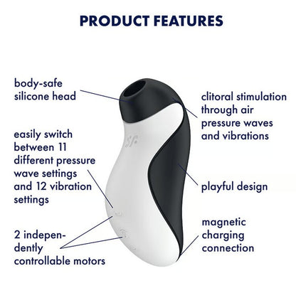 The Satisfyer Orca  with a text list of features surrounding the toy. Text reads: Body-safe silicone head, easily switch between 11 different pressure wave settings and 12 vibration settings, 2 independently controllable motors, clitoral stimulation through air pressure waves and vibrations, playful desire, magnetic charging connection. | Kinkly Shop