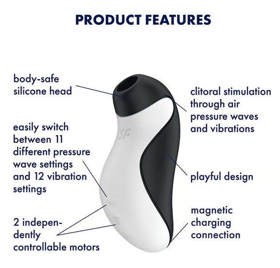 The Satisfyer Orca  with a text list of features surrounding the toy. Text reads: Body-safe silicone head, easily switch between 11 different pressure wave settings and 12 vibration settings, 2 independently controllable motors, clitoral stimulation through air pressure waves and vibrations, playful desire, magnetic charging connection. | Kinkly Shop