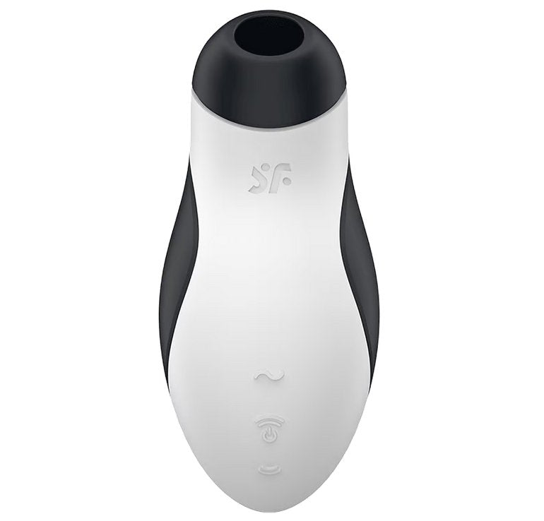 Close-up on the front of the Satisfyer Orca. There are three buttons on the base of the handle of the toy to easily control the vibration and air suction of the toy. | Kinkly Shop