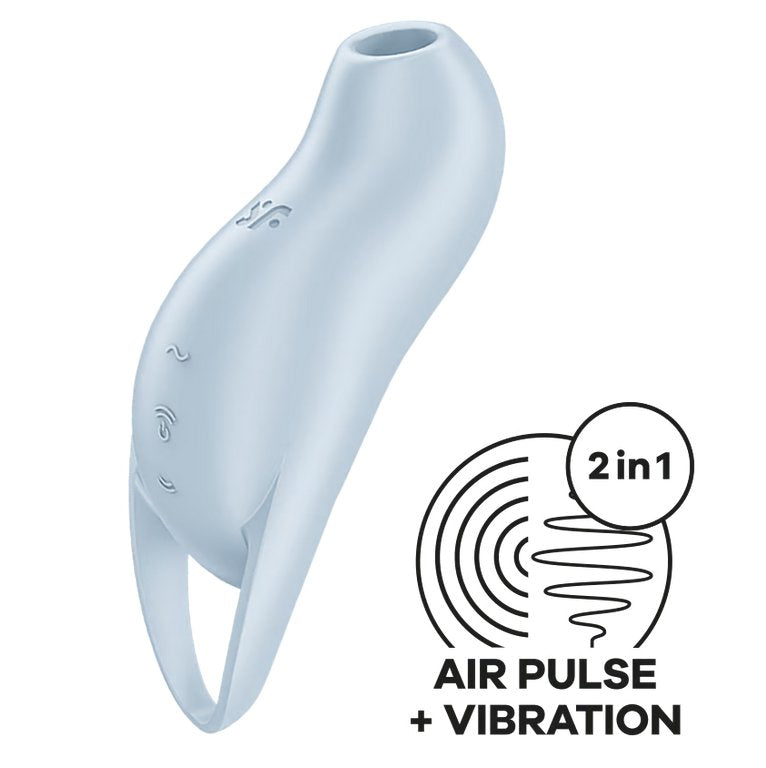 Satisfyer Pocket Pro 1 shown next to an icon and text that says "2 in 1. Air pulse + vibration" | Kinkly Shop