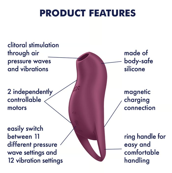 The Satisfyer Pocket Pro 1 surrounded by a text list of features of the toy. Text reads: "clitoral stimulation through air pressure waves and vibrations, 2 independently controllable motors, easily switch between 11 different pressure wave settings and 12 vibration settings, made of body-safe silicone, magnetic charging connection, ring handle for easy and comfortable handling" | Kinkly Shop