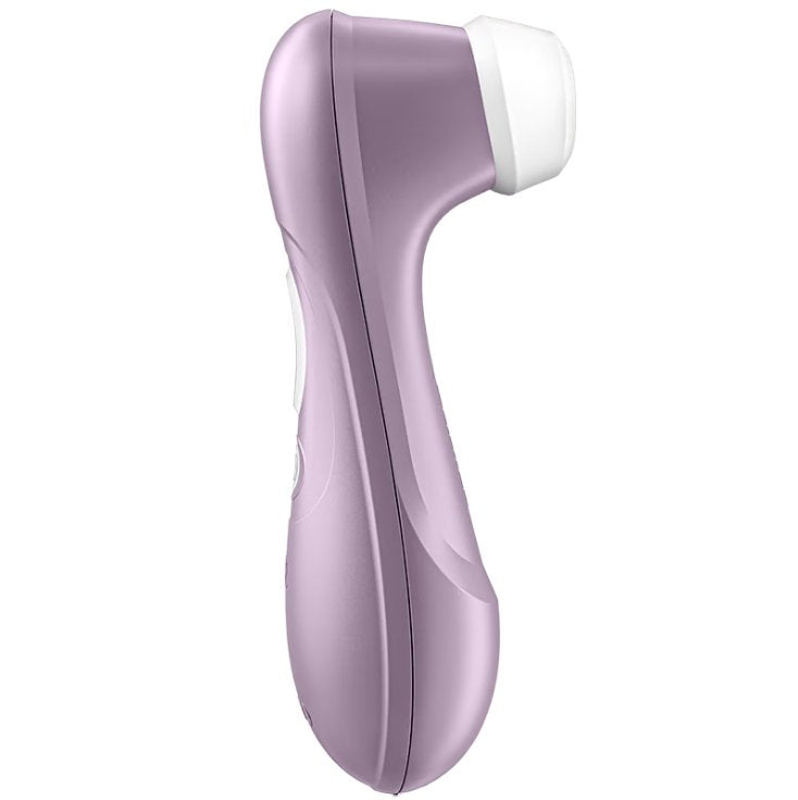Side view of the Satisfyer Pro 2 - Generation 2. The air suction tip protrudes away from the handle of the toy for easier nestling in-between the labia. | Kinkly Shop