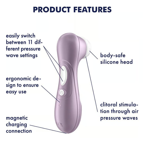 The Satisfyer Pro 2 - Generation 2 surrounded by a list of features. Text reads: "easily switch between 11 different pressure wave settings, ergonomic design to ensure easy use, magnetic charging connection, body-safe silicone head, clitoral stimulation through air pressure waves" | Kinkly Shop
