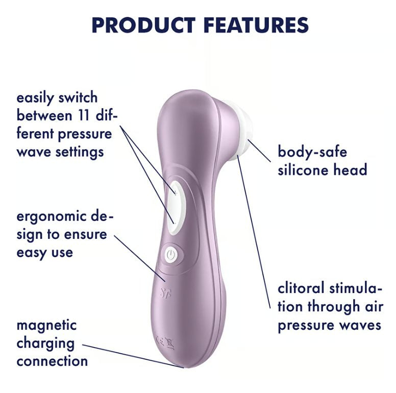 The Satisfyer Pro 2 - Generation 2 surrounded by a list of features. Text reads: "easily switch between 11 different pressure wave settings, ergonomic design to ensure easy use, magnetic charging connection, body-safe silicone head, clitoral stimulation through air pressure waves" | Kinkly Shop