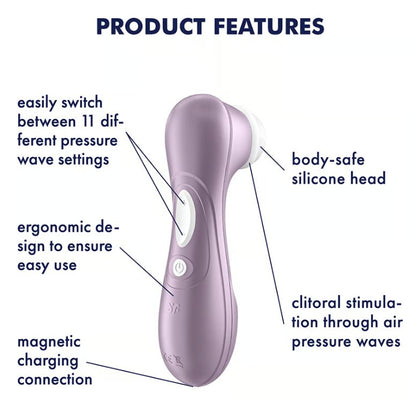 The Satisfyer Pro 2 - Generation 2 surrounded by a list of features. Text reads: "easily switch between 11 different pressure wave settings, ergonomic design to ensure easy use, magnetic charging connection, body-safe silicone head, clitoral stimulation through air pressure waves" | Kinkly Shop