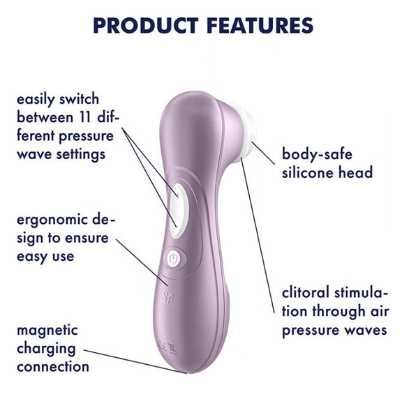 The Satisfyer Pro 2 - Generation 2 surrounded by a list of features. Text reads: "easily switch between 11 different pressure wave settings, ergonomic design to ensure easy use, magnetic charging connection, body-safe silicone head, clitoral stimulation through air pressure waves" | Kinkly Shop