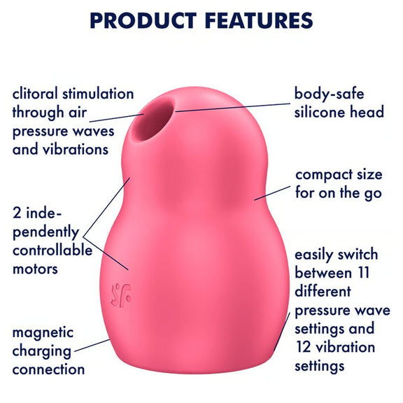The Satisfyer Pro To Go 1 with a text list of features shown around the toy. Text reads: Clitoral stimulation through air pressure waves and vibrations, 2 independently controllable motors, magnetic charging connection, body-safe silicone head, compact size for on the go, easily switch between 11 different pressure wave settings and 12 vibration settings | Kinkly Shop