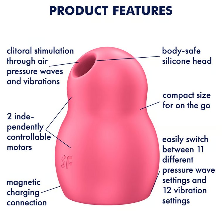 The Satisfyer Pro To Go 1 with a text list of features shown around the toy. Text reads: Clitoral stimulation through air pressure waves and vibrations, 2 independently controllable motors, magnetic charging connection, body-safe silicone head, compact size for on the go, easily switch between 11 different pressure wave settings and 12 vibration settings | Kinkly Shop
