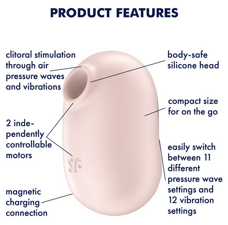 The Satisfyer Pro To Go 2 shown next to a text list of all of its features. Features include "clitoral stimulation through air pressure waves and vibrations. 2 independently controlled motors. magnetic charging connection. body-safe silicone head. compact size for on-the-go. easily switch between pressure wave and vibration settings" | KInkly Shop