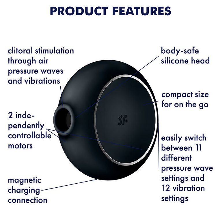 The Satisfyer Pro To Go 3 shown next to a list of text features. Text reads: "clitoral stimulation through air pressure waves and vibrations. 2 independently controlled motors. magnetic charging connection. body-safe silicone head. compact size for on the go. easily switch between pressure wave and vibration settings" | Kinkly Shop