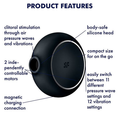 The Satisfyer Pro To Go 3 shown next to a list of text features. Text reads: "clitoral stimulation through air pressure waves and vibrations. 2 independently controlled motors. magnetic charging connection. body-safe silicone head. compact size for on the go. easily switch between pressure wave and vibration settings" | Kinkly Shop
