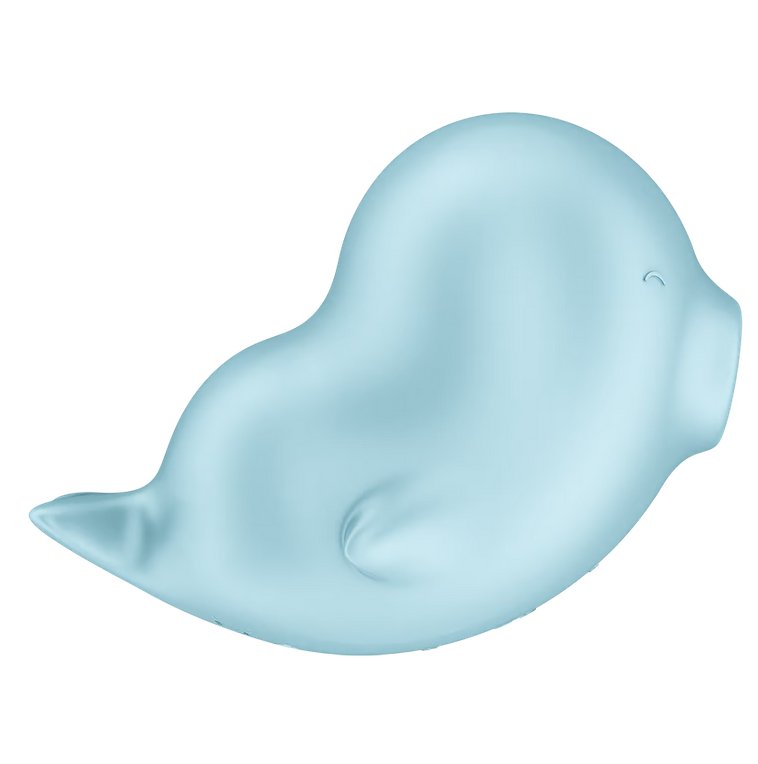 Side view of the Satisfyer Sassy Seal showcases the seal's cute design including its little tail, eyes, side fin, and open hole at the tip that provides the pressure wave sensations. | Kinkly Shop