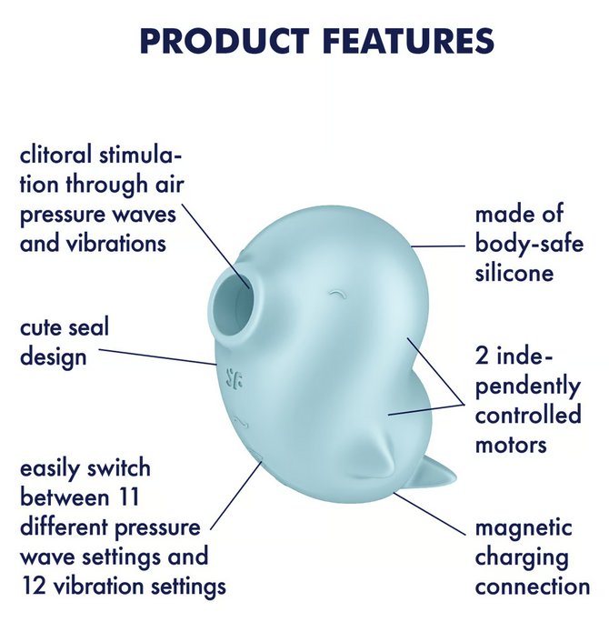 The Satisfyer Sassy Seal with a text list of features around it. Text reads: Clitoral stimulation through air pressure waves and vibrations. cute seal design. easily switch between 11 pressure wave and 12 vibration settings. made of body-safe silicone. 2 indepently controlled motors. magnetic charging connection" | Kinkly Shop