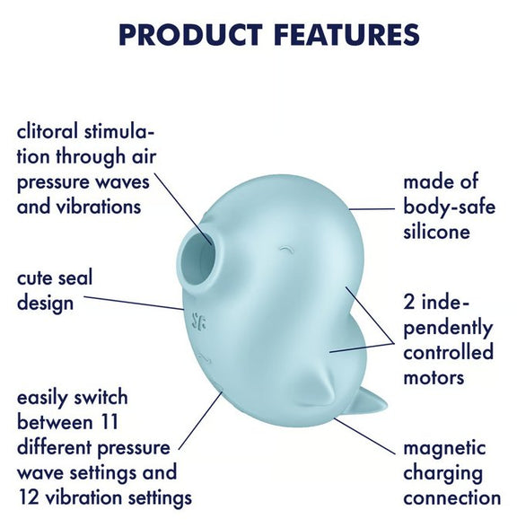 The Satisfyer Sassy Seal with a text list of features around it. Text reads: Clitoral stimulation through air pressure waves and vibrations. cute seal design. easily switch between 11 pressure wave and 12 vibration settings. made of body-safe silicone. 2 indepently controlled motors. magnetic charging connection" | Kinkly Shop