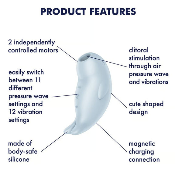 The Satisfyer Seal You Soon with a text list of features around it. Text reads: "2 independently controlled motors. Easily switch between pressure wave and vibration settings. Made of body-safe silicone. Clitoral stimulation through air pressure wave and vibrations. Cute shaped design. Magnetic charging connection." | Kinkly Shop
