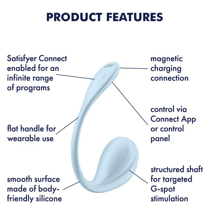 The Satisfyer Smooth Petal shown next to a text list of all of its features. Text includes: Satisfyer Connect enabled for an infinite range of programs, flat handle for wearable use, Smooth surface made of body-friendly silicone, magnetic charging connection, control via Connect App or control panel, Structured shaft for targeted g-spot stimulation. | Kinkly Shop