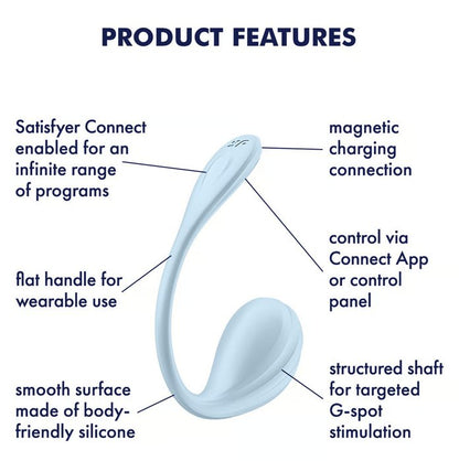 The Satisfyer Smooth Petal shown next to a text list of all of its features. Text includes: Satisfyer Connect enabled for an infinite range of programs, flat handle for wearable use, Smooth surface made of body-friendly silicone, magnetic charging connection, control via Connect App or control panel, Structured shaft for targeted g-spot stimulation. | Kinkly Shop