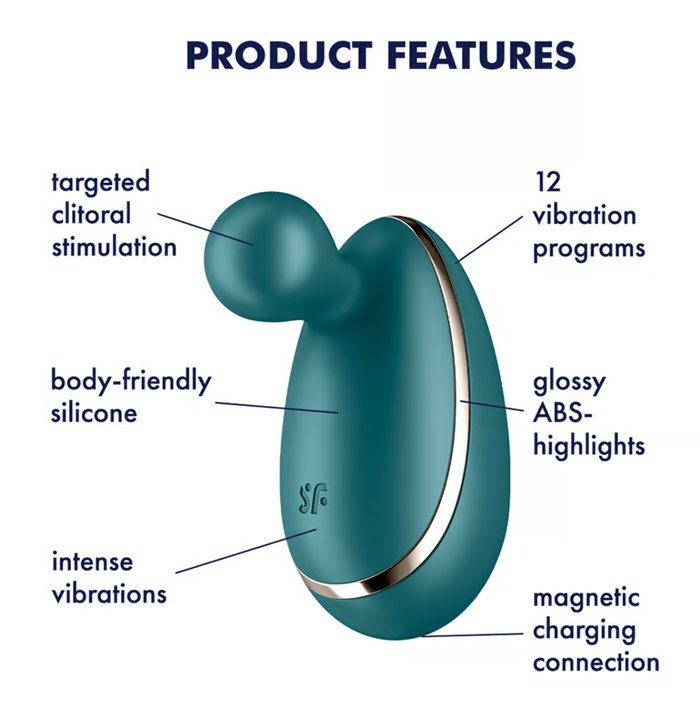 The Satisfyer Spot On 1 pictured with text features written around it. Text reads: "targeted clitoral stimulation, body-friendly silicone, intense vibrations, 12 vibration programs, glossy ABS-highlights, magnetic charging connection" | Kinkly Shop