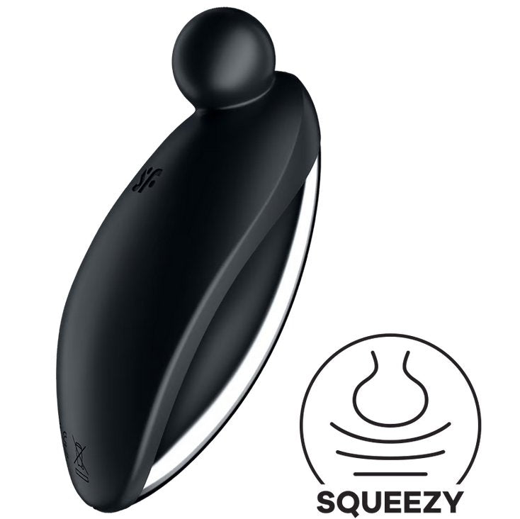 Satisfyer Spot On 2 in black shown next to an illustration that says "Squeezy" | Kinkly Shop