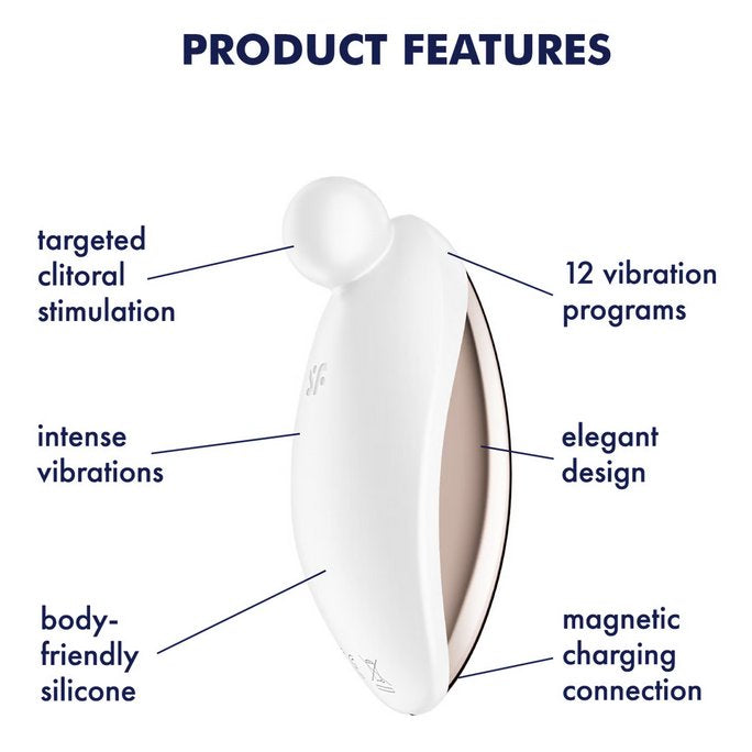 The Satisfyer Spot On 2 is pictured next to a list of text features that describe it. Text includes: "targeted clitoral stimulation, 12 vibration programs, intense vibrations, body-friendly silicone, elegant design, magnetic charging connection" | Kinkly Shop
