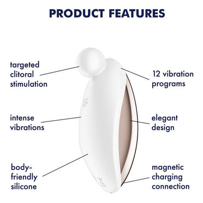 The Satisfyer Spot On 2 is pictured next to a list of text features that describe it. Text includes: "targeted clitoral stimulation, 12 vibration programs, intense vibrations, body-friendly silicone, elegant design, magnetic charging connection" | Kinkly Shop