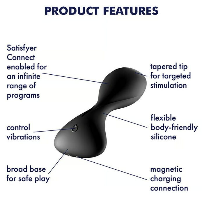 The Satisfyer Trendsetter with a text list of its features listed around it. Text reads: "Satisfyer Connect enabled for an infinite range of programs, control vibrations, broad base to safe play, tapered tip for targeted stimulation, flexible body-friendly silicone, magnetic charging connection" | Kinkly Shop