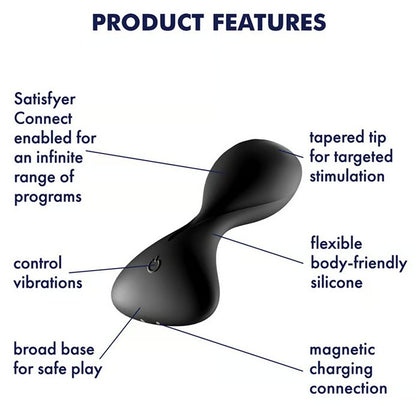The Satisfyer Trendsetter with a text list of its features listed around it. Text reads: "Satisfyer Connect enabled for an infinite range of programs, control vibrations, broad base to safe play, tapered tip for targeted stimulation, flexible body-friendly silicone, magnetic charging connection" | Kinkly Shop