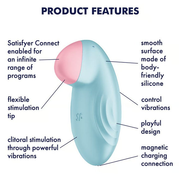 The Satisfyer Tropical Tip surrounded by a text list of features. Text reads: Satisfyer Connect enabled for an infinite range of programs. Flexible stimulation tip. Clitoral stimulation through powerful vibrations. Smooth surface made of body-friendly silicone. Control vibrations. Playful design. Magnetic charging connection. | Kinkly Shop