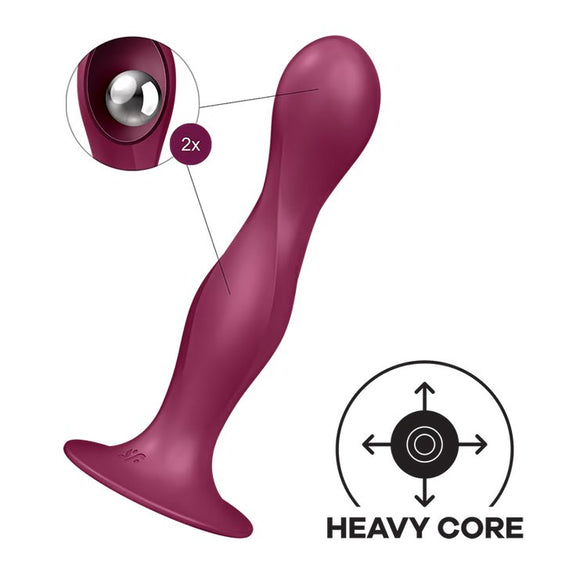 The Satisfyer Double Ball-r up against a plain white background. A viewable window with arrows shows the two inner, movable, weighted balls inside of the anal dildo. An illustration on the photo says "Heavy Core". | Kinkly Shop