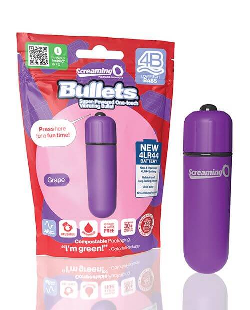 The Screaming O 4B Bullet pictured next to its packaging. Its pouch packaging is compostable to be more environmentally friendly. | Kinkly Shop