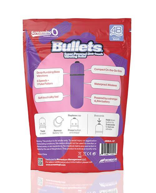 Backside of the packaging for the Screaming O 4B Bullet. Features pointed out include "Deep rumbling bass vibrations. 5 Speeds + 1 Pulse Pattern. Soft touch silky feel. Compact on-the-go size. Waterproof. Wireless. Powered by a stronger 4LR44 battery." | Kinkly Shop