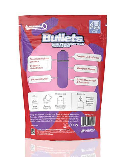 Backside of the packaging for the Screaming O 4B Bullet. Features pointed out include "Deep rumbling bass vibrations. 5 Speeds + 1 Pulse Pattern. Soft touch silky feel. Compact on-the-go size. Waterproof. Wireless. Powered by a stronger 4LR44 battery." | Kinkly Shop