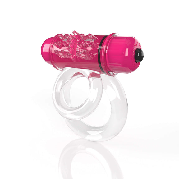 3/4ths angle of the Screaming O 4B DoubleO 6 in Strawberry. This showcases the two rings built into the cock ring itself. The smaller ring is noticeably smaller than the wider ring. The texturing on the vibrator's sleeve can also be seen slightly protruding from the ring itself. | Kinkly Shop