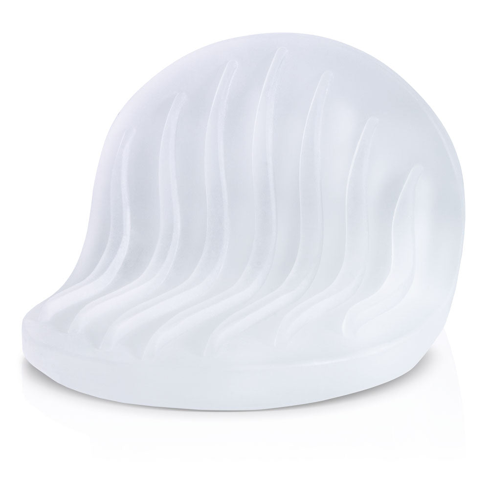 The Screaming O Jackits Stroker Pad bent at a 90-degree angle in front of a plain white background. The texture of the stroker pad looks like it would wrap nicely around the shaft. | Kinkly Shop