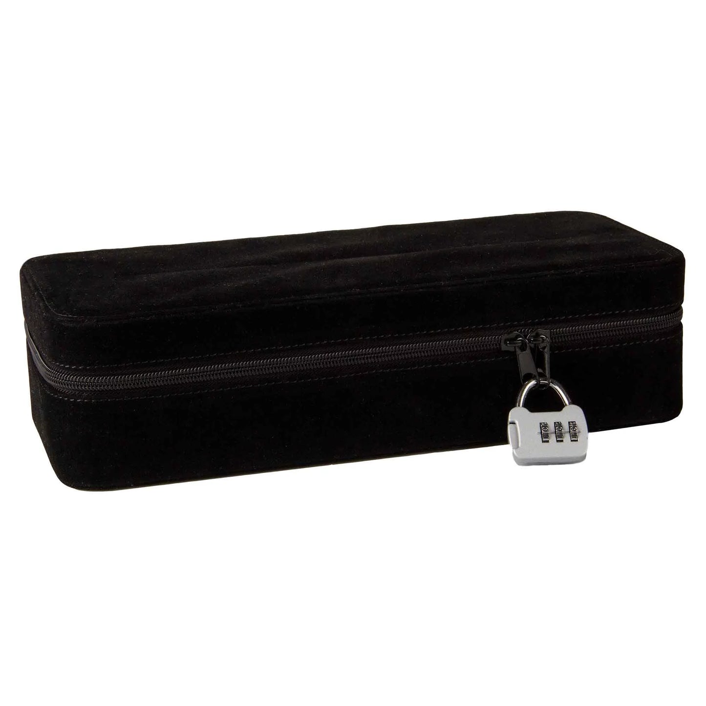 The Love to Love Secret Box shown closed shut with the included number padlock securing the two zippers together. The exterior of the Love to Love Secret Box is a completely plain black with nothing adult written on the outside of it. | Kinkly Shop
