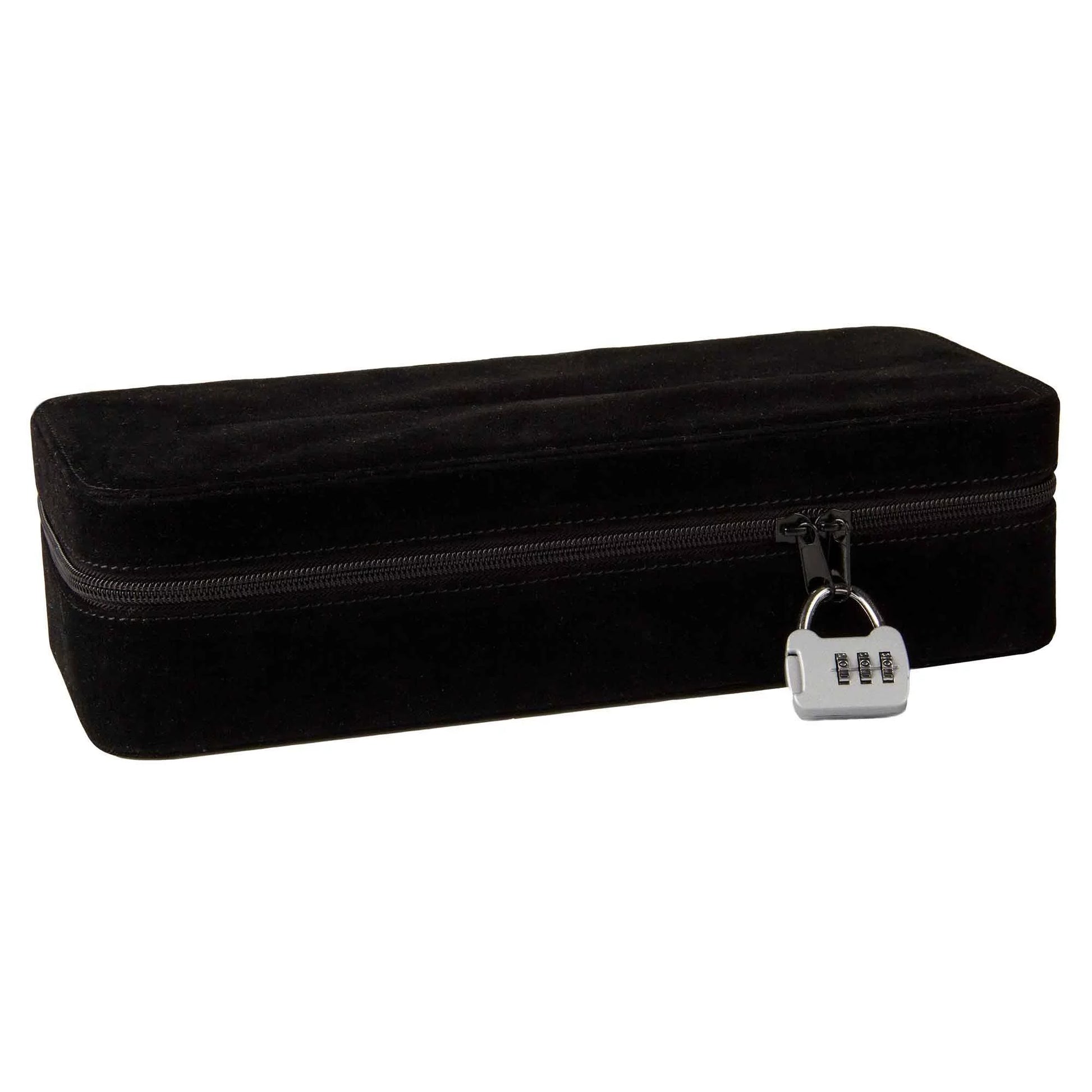The Love to Love Secret Box shown closed shut with the included number padlock securing the two zippers together. The exterior of the Love to Love Secret Box is a completely plain black with nothing adult written on the outside of it. | Kinkly Shop