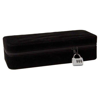 The Love to Love Secret Box shown closed shut with the included number padlock securing the two zippers together. The exterior of the Love to Love Secret Box is a completely plain black with nothing adult written on the outside of it. | Kinkly Shop