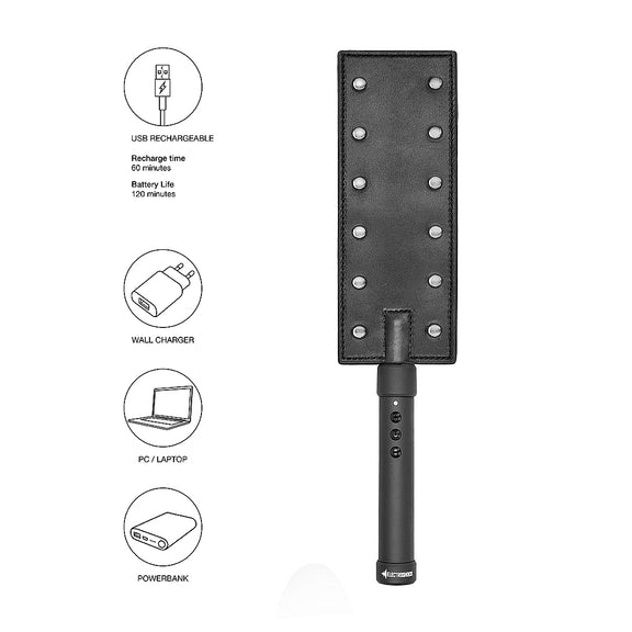 The ElectroShock Rechargeable Paddle shown next to an illustration that showcases the paddle as USB rechargeable. It has a recharge time of 60 minutes with a battery life of 120 minutes. | Kinkly Shop