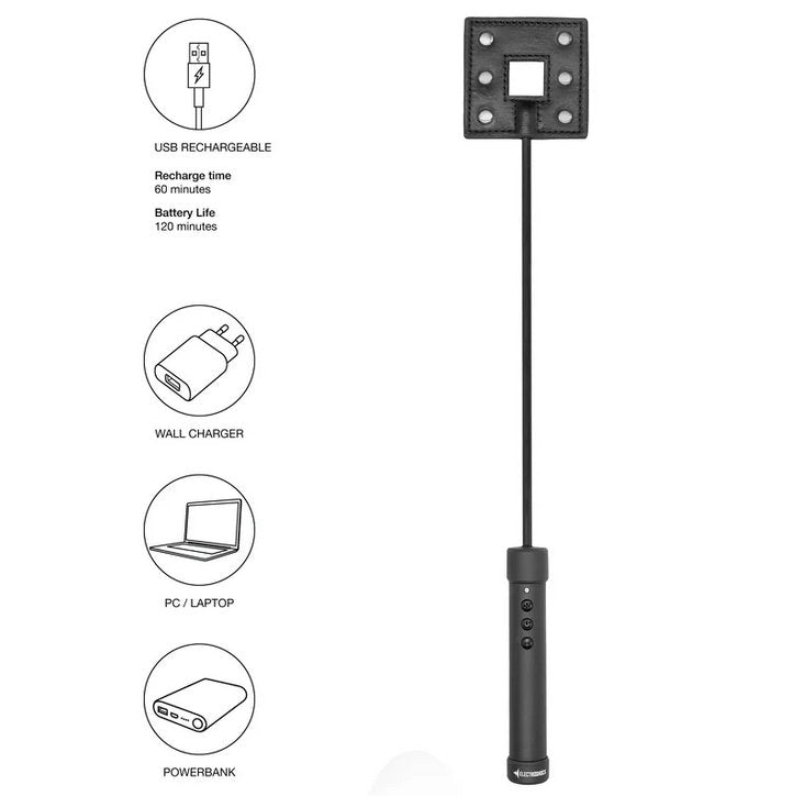 The ElectroShock Rechargeable Crop shown next to illustrations of how to charge the crop. It's USB rechargeable with a battery life of 120 minutes and a recharging time of 60 minutes. | Kinkly Shop
