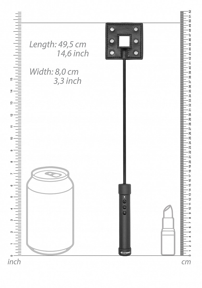 The ElectroShock Rechargeable Crop compared to standard household objects. It's 14.6" in length with a width of 3.3". | Kinkly Shop