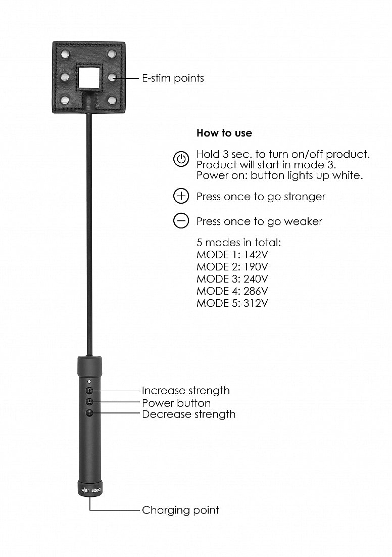 The ElectroShock Rechargeable Crop shown next to the instructions on how to use the electrosex functionality of the riding crop. | Kinkly Shop
