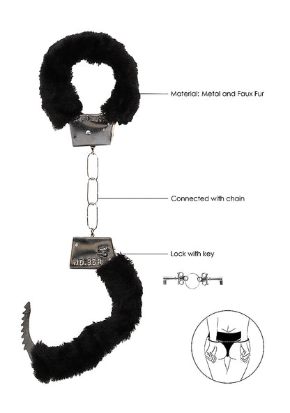 The Ouch! Furry Handcuffs with text that points out the various features of the handcuffs. Text includes: Material: Metal and faux fur, Connected with chain, Lock with key. | Kinkly Shop