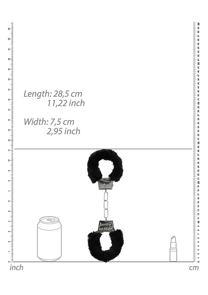 Measurements for the Ouch! Furry Handcuffs compare it to a can of soda and a tube of lipstick. | Kinkly Shop