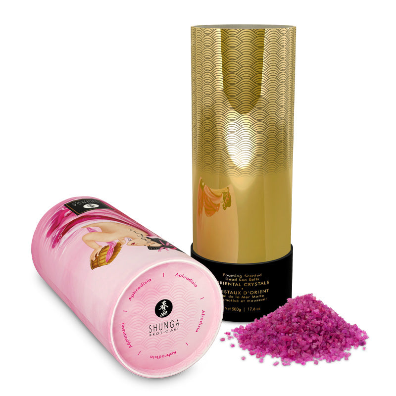The packaging of the Shunga Crystals Bath Salts, shown open, with some of the salts nearby. The packaging looks very luxurious. | Kinkly Shop