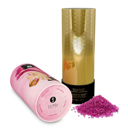 The packaging of the Shunga Crystals Bath Salts, shown open, with some of the salts nearby. The packaging looks very luxurious. | Kinkly Shop