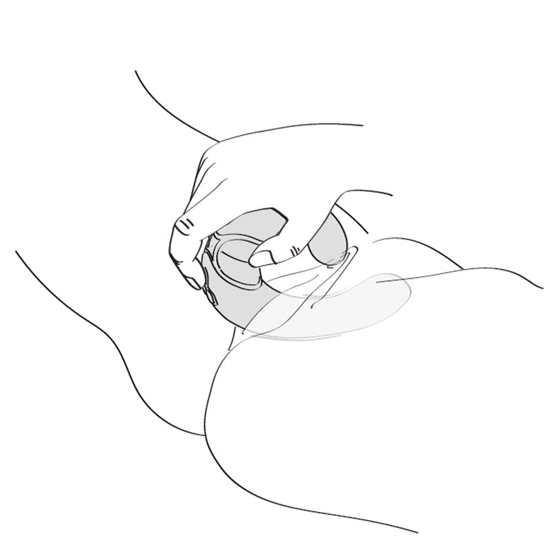 Illustration shows a person using the Shunga Miyo. The vibrator's insertable end is slid into themselves while the clitoral end touches the clit. The angled divots in the middle offer an easy gripping spot for fingers. | Kinkly Shop