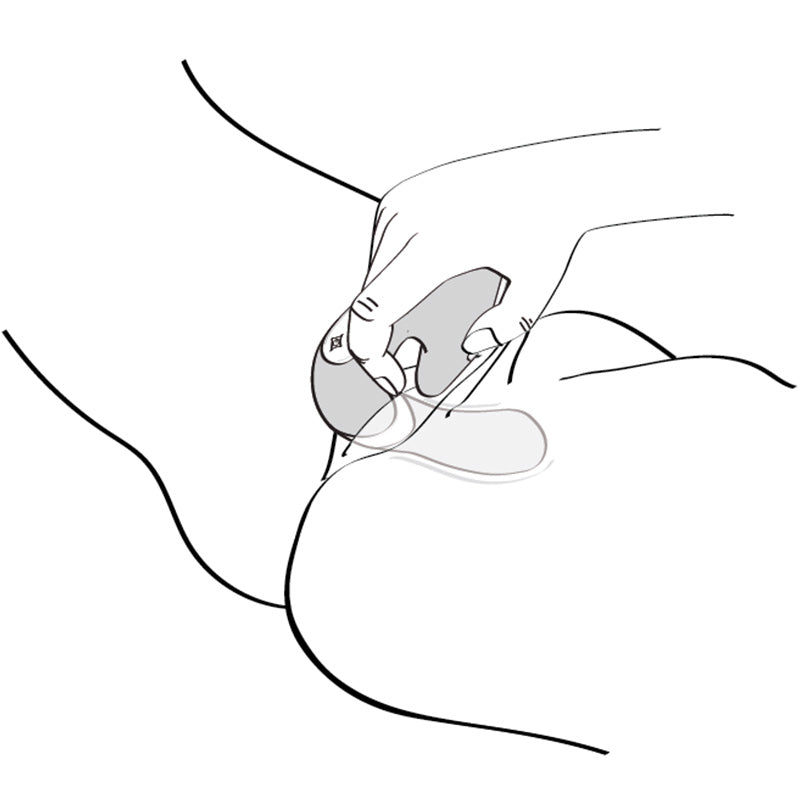 Illustration shows a person using the Shunga Soyo on themselves. The insertable shaft is slid inside while the clitoral vibe sits externally and on top of the clitoris. | Kinkly Shop