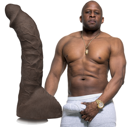 A shirtless Prince shown next to the Signature Cocks - Prince Yahshua dildo. The dildo is lifecast directly from his own length. | Kinkly Shop