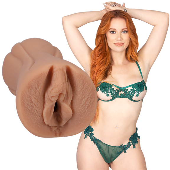 Madison shown next to the Signature Strokers - Madison Morgan. The orifice and entrance of the stroker are directly molded from her own vulva. | Kinkly Shop